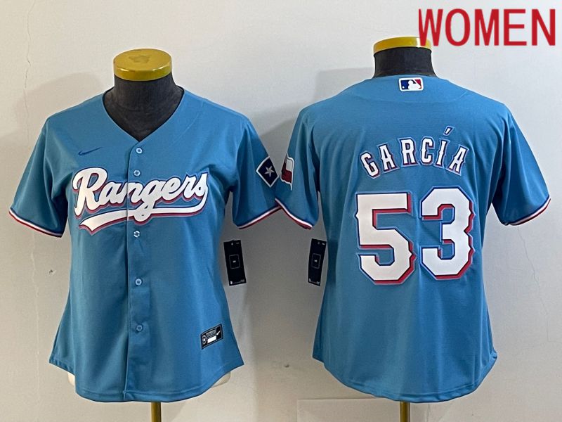 Women Texas Rangers 53 Garcia Light Blue Game Nike 2023 MLB Jersey style 1